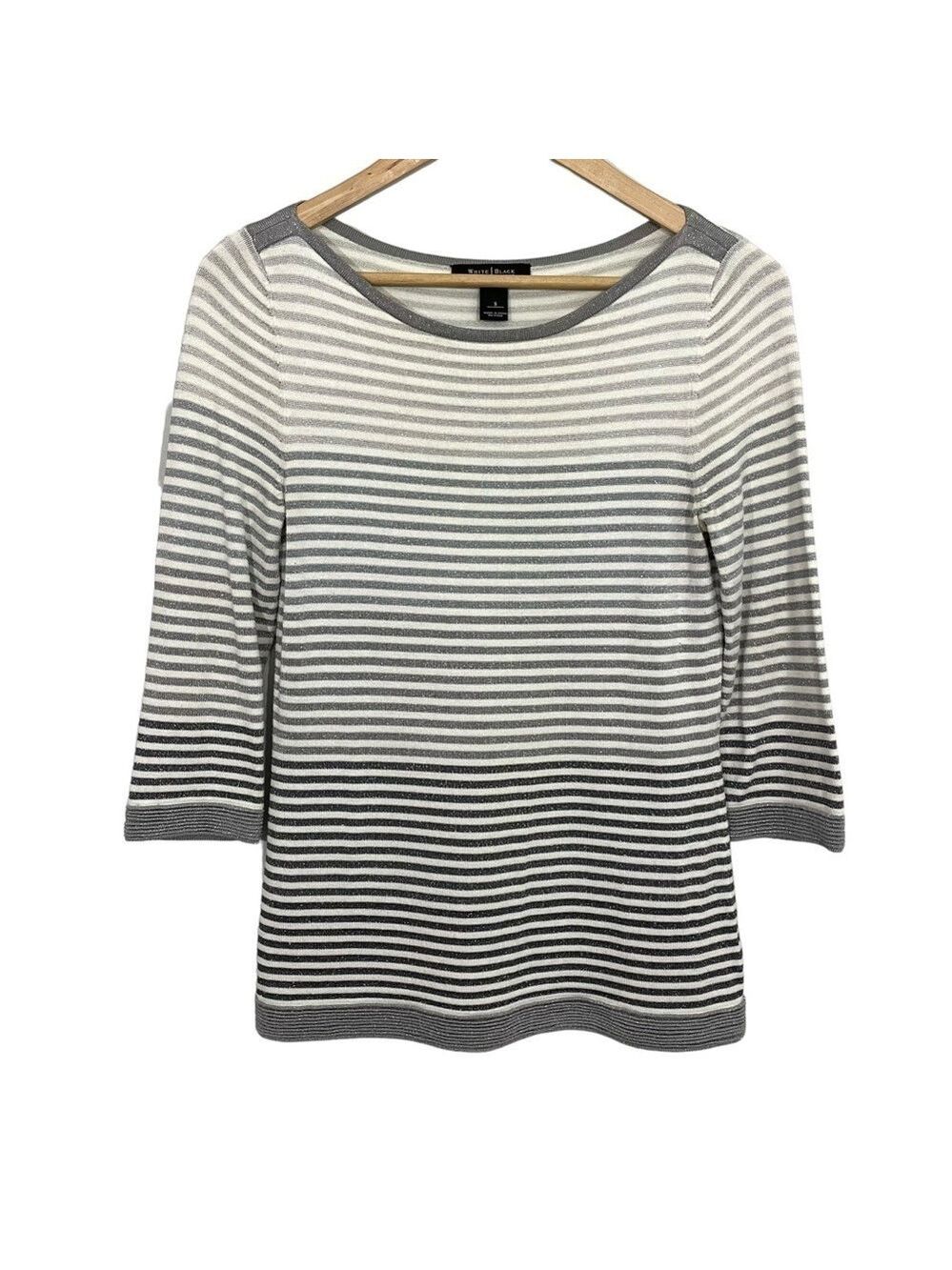 WHBM Sparkly Sweater Top Womens S White Grey Silver Stripe Casual Office GUC